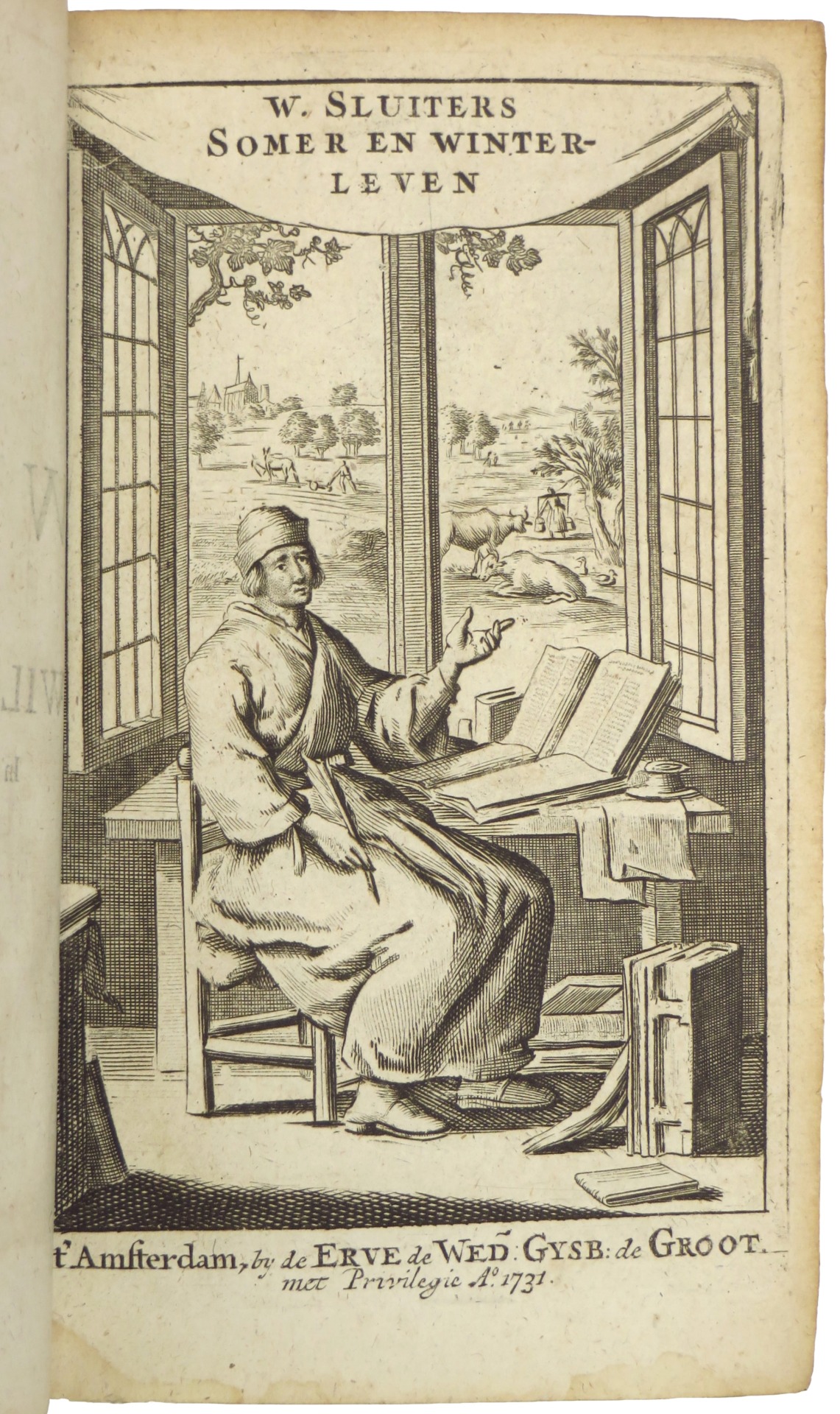 Al de Werken: W. Sluyters Buyten- Eensaem Huys- Somer- en Winter-Leven. Aenwijsende, Hoe men op een slechte en eensame plaets, buyten op 't Lant vergenoegt mag leven, meer dan in 't gewoel van groote aensienlijke Steden. Verçiert met eenige figueren, en vermeerdert met 43 bygevoegde Gesangen, van den selven Autheur, op dese stoffe en inhoudt passende. De achtsten Druk. WAARBIJ: Eybergsche Sang-Lust,mitsgaders Vreugd-en Liefde-Sangen. WAARBIJ: Gezangen van Heilige en Godvruchtige stoffe, den achtsten druk. WAARBIJ: Psalmen, Lofsangen ende Geestelyke Liedekens....vermeerdert met het Hooge-Lied Salomons / Jeremia's Klaeg-Liederen / Lof der Heilige Maegd Maria, en Triumpheerende Christus. WAARBIJ: W. Sluyters Vreugd- en Liefde-sangen. WAARBIJ: Christelyke Doods-Betrachting, den achtsten druk 1731 Gijsb.de Groot, Bestaende in verscheide Sterf-Gesangen,en Doods-Echtscheidinge en W.Sluiters Lyk-Reden. - Afbeelding 2